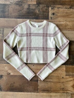 Women's Full Tilt Cream and Mauve Plaid Sweater | S